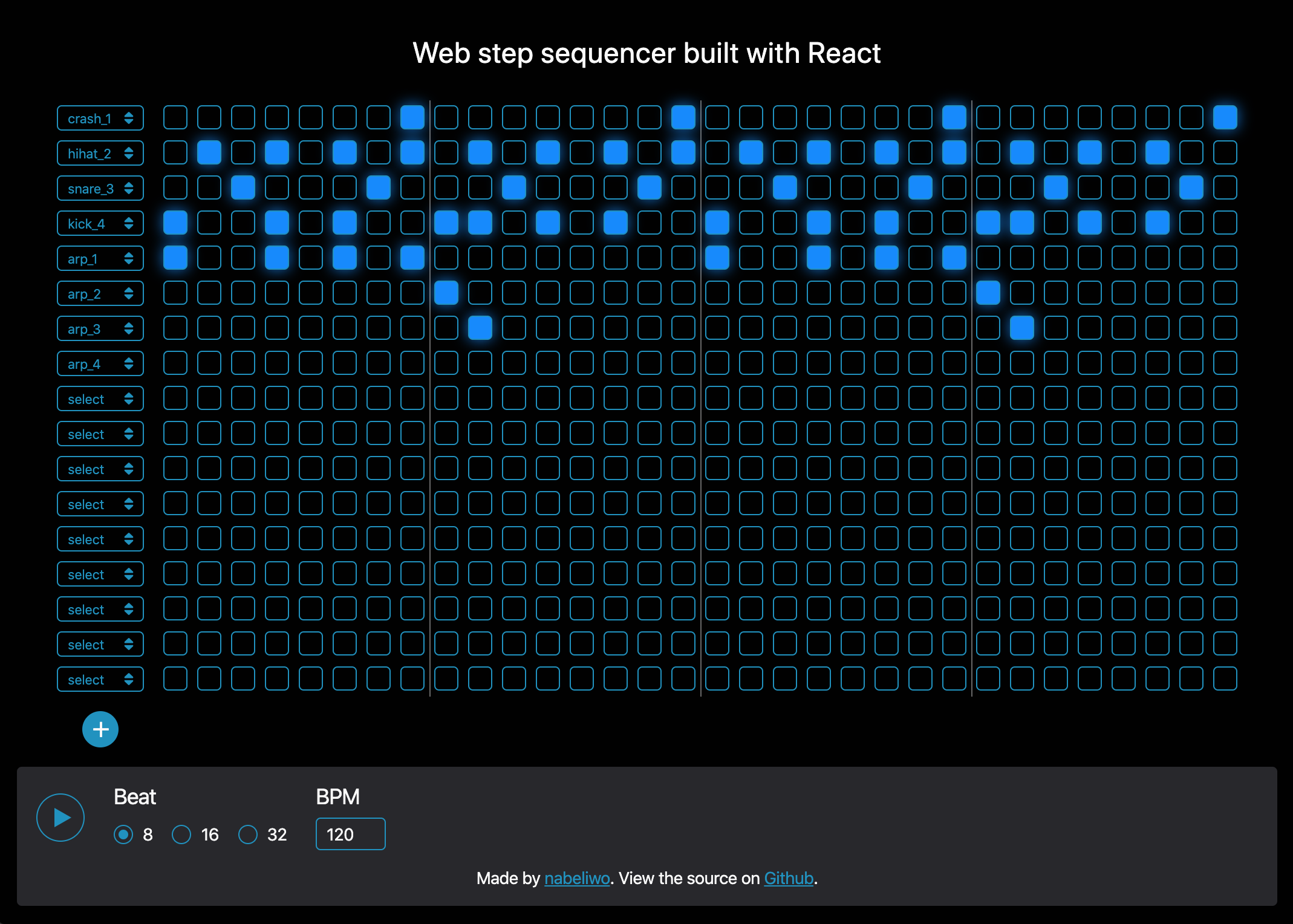 ウェブアプリ『Web step sequencer built with React』のキャプチャ。ステップシーケンサーのボタン群を UI に落とし込んだ画面になっている。