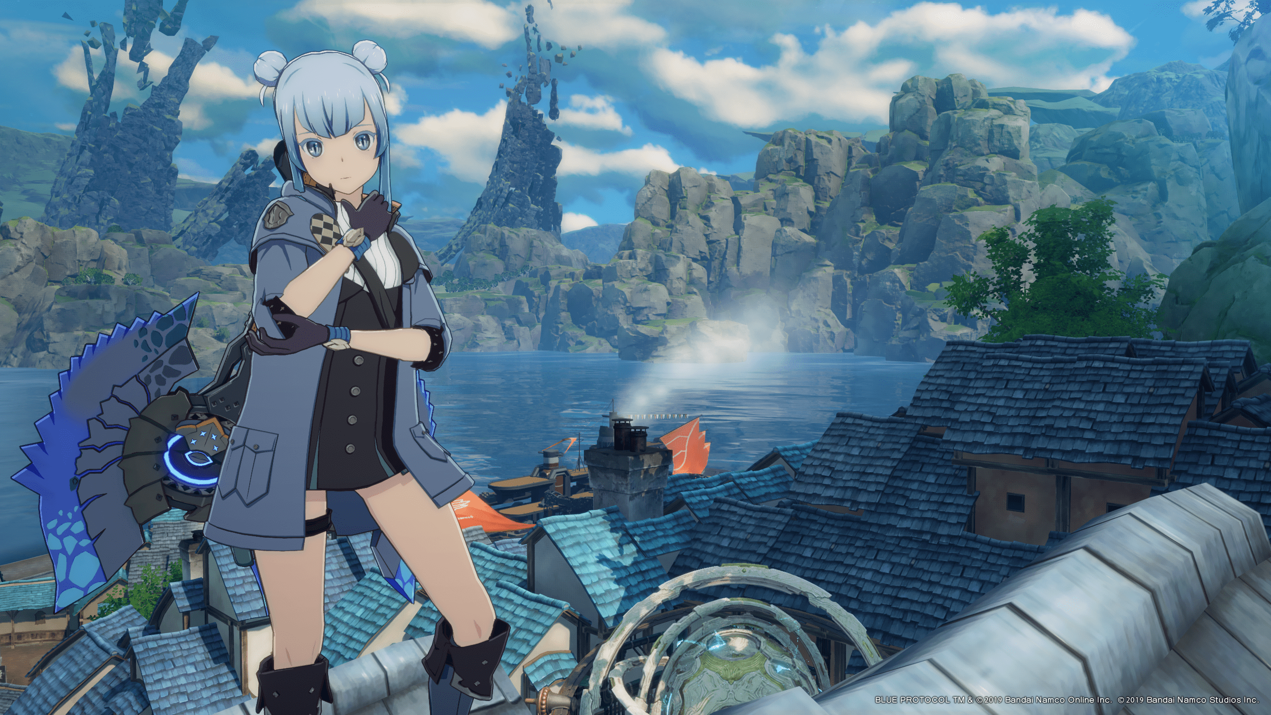 ゲーム『BLUE PROTOCOL』のキャプチャ。アニメ調のグラフィックで水色の髪のかわいい女の子のキャラクターが腕を組んでポーズを決めている。