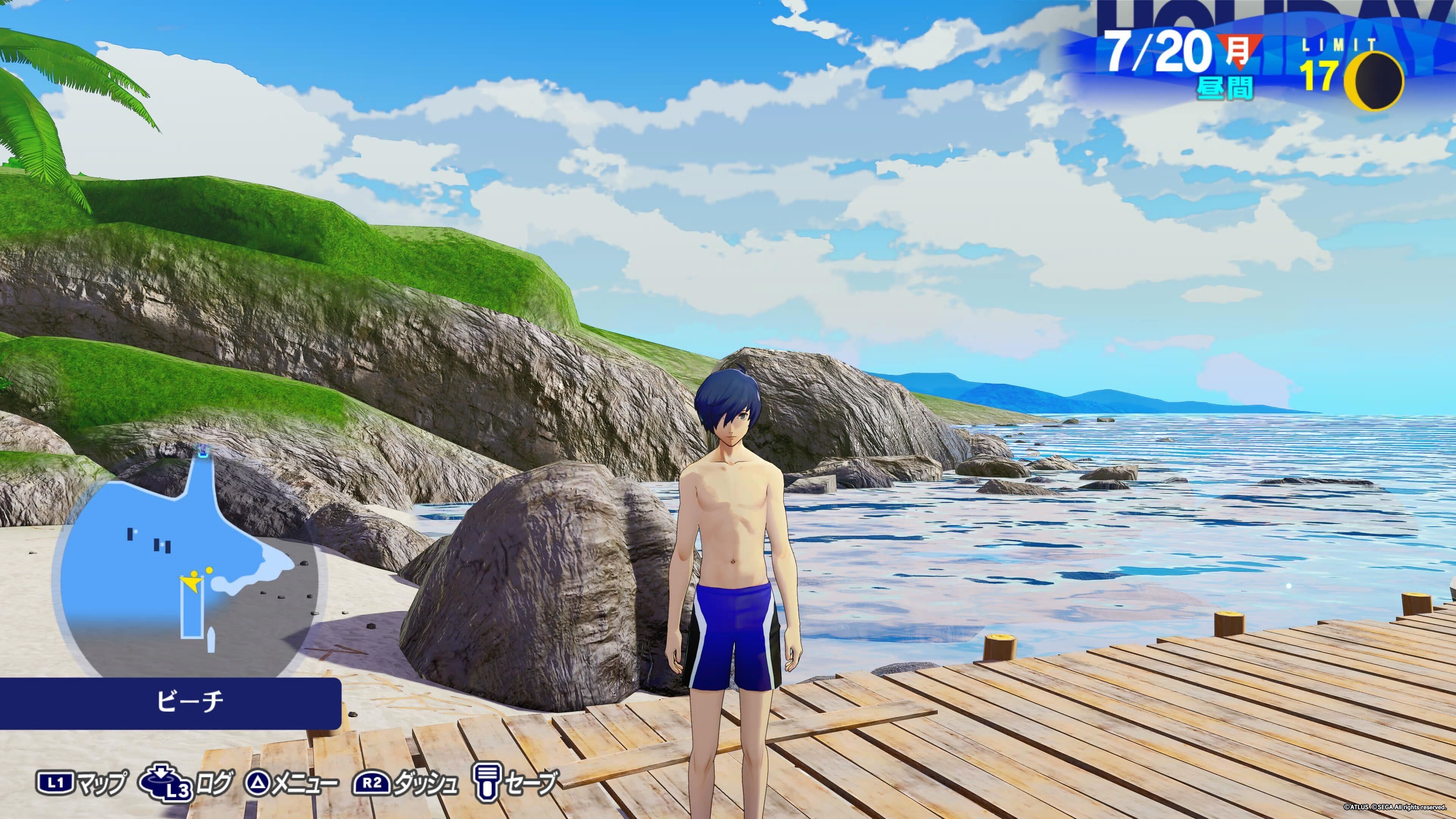 ペルソナ3のスクリーンショット。主人公が水着姿で浜辺を背に映っている。