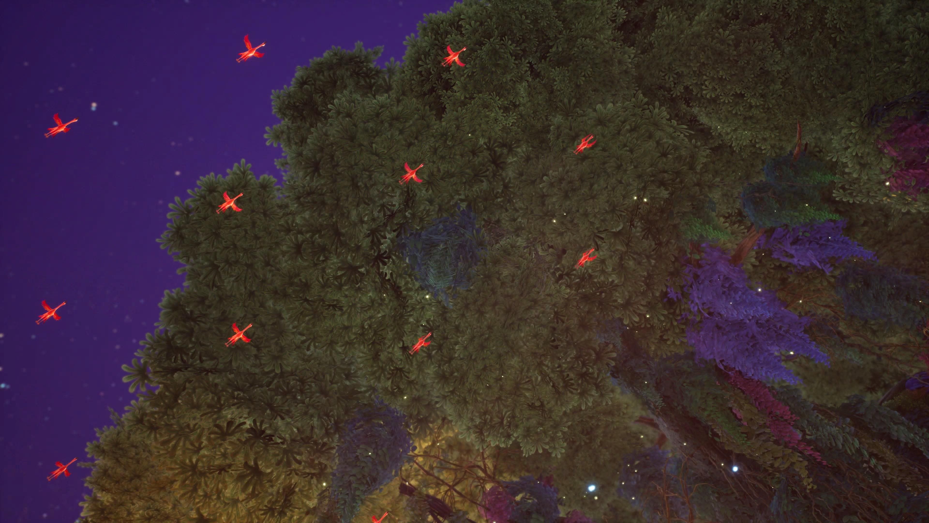 聖剣伝説と言えば感のあるこの感じ。良い… 聖剣伝説 VISIONS of MANAのゲーム画面。大樹の下から上を見上げた様子。赤い鳥がたくさん飛んでいる。