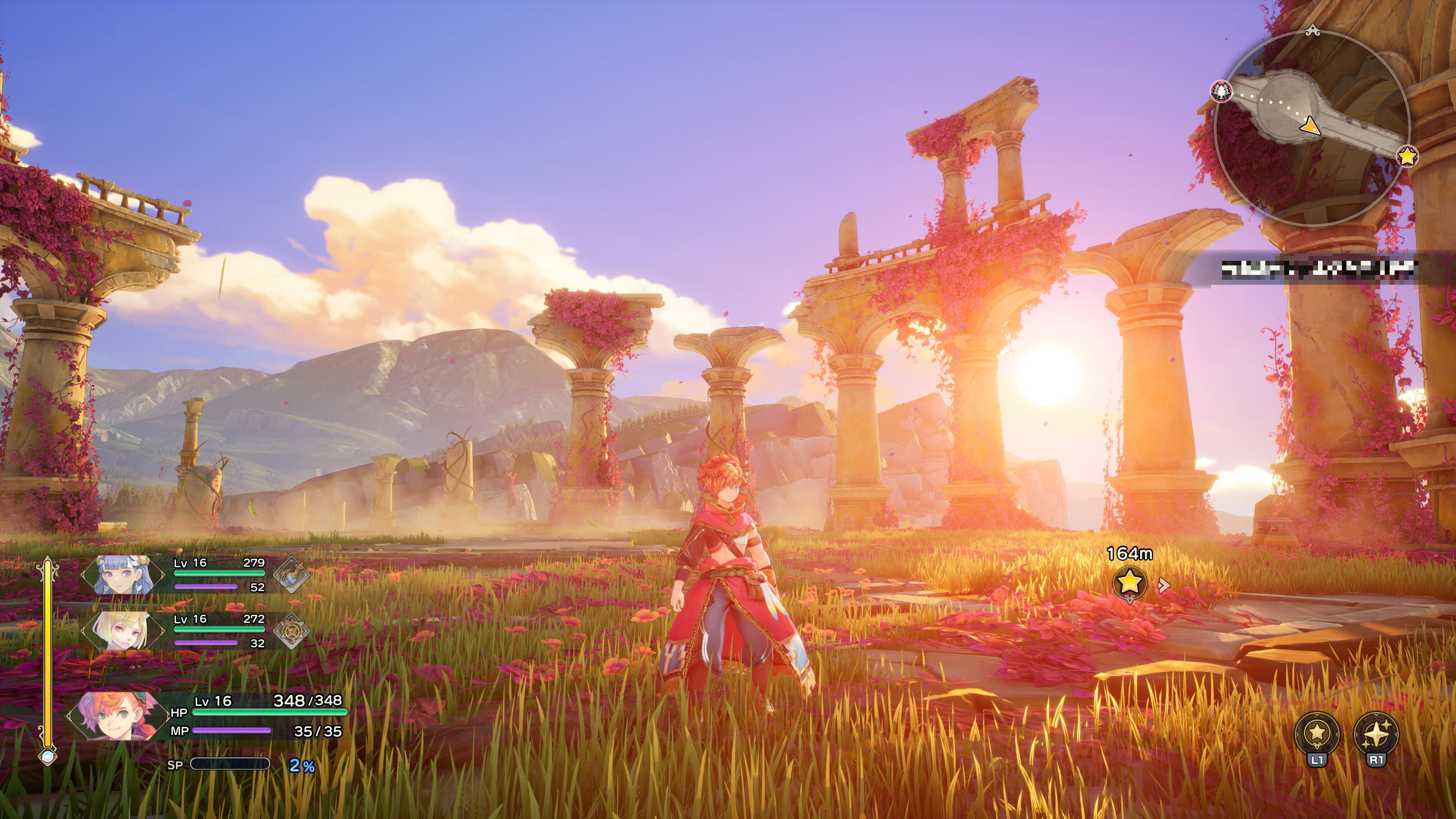 夕日がきれい 聖剣伝説 VISIONS of MANAのゲーム画面。主人公のヴァルが夕日を背に大草原に立っている。