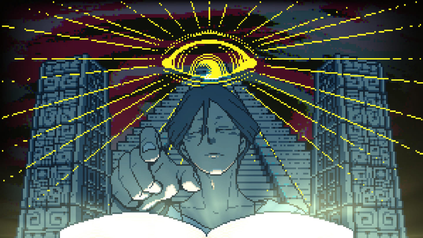 このオカルト感よ 都市伝説解体センターのゲーム画面。2Dドット絵で描かれた男性がこちら側を指さしている。背後には大きな階段と目のイラストが描かれている。