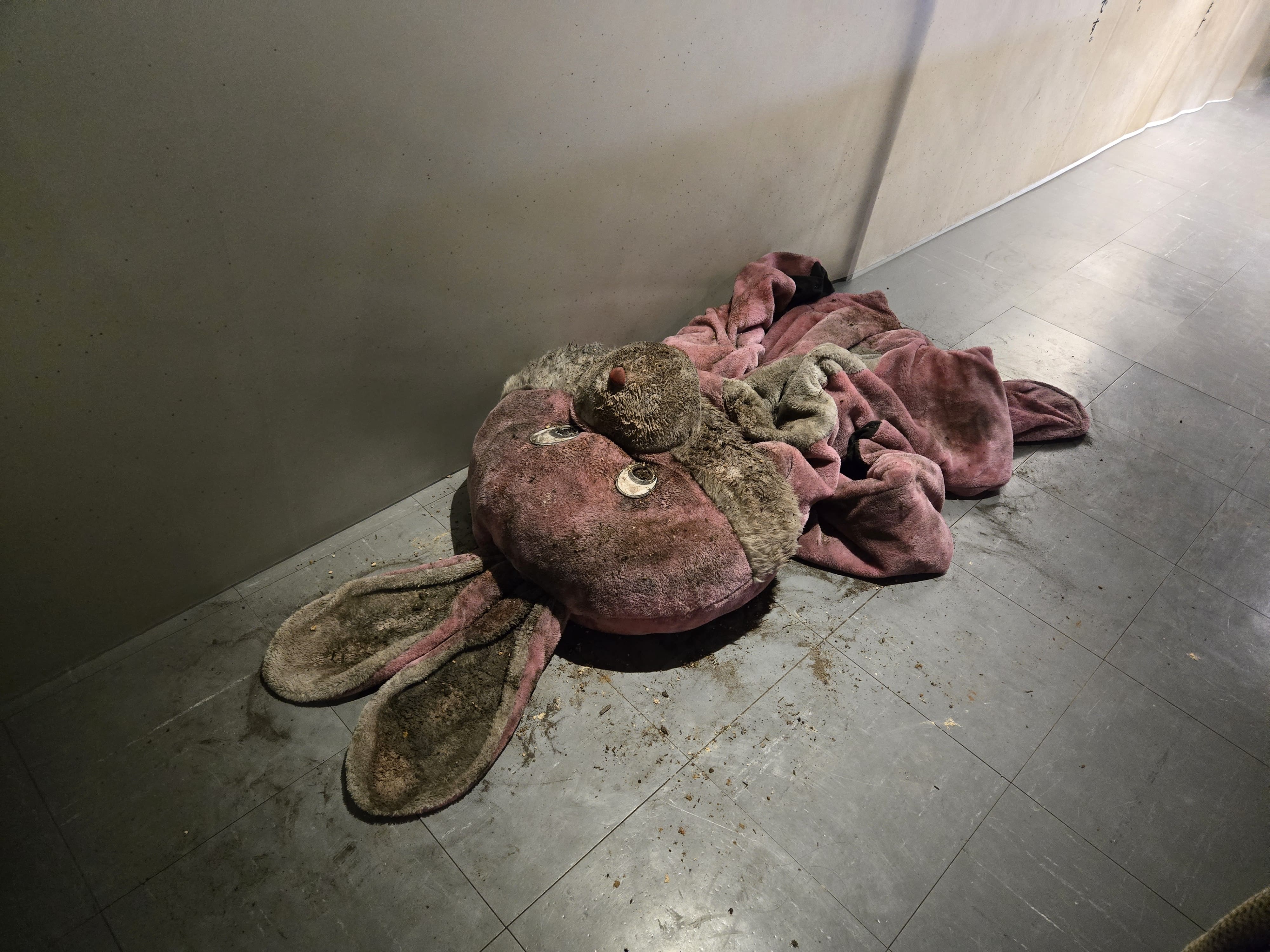 着ぐるみに対する恐怖心。中に何が入っているかわからない怖さはわかる。 ピンク色のウサギの着ぐるみが泥まみれで打ち捨てられている。